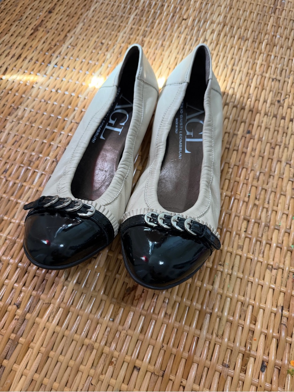 Attilio Giusti Leombruni Ivory Leather Ballet Flats with Black Patent Cap Toe